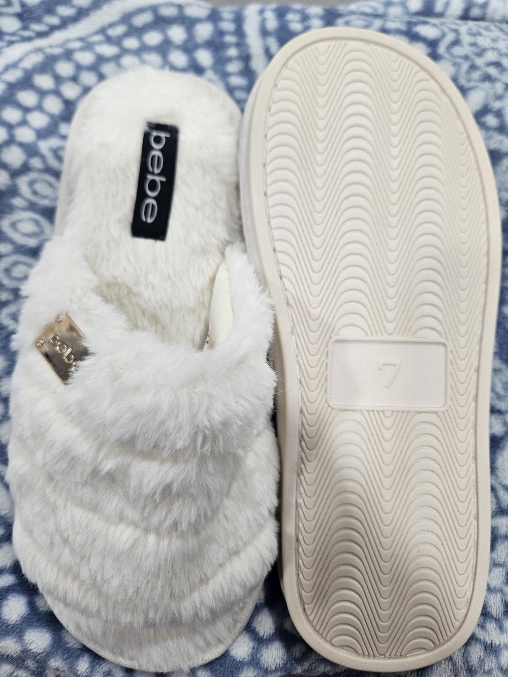 bebe Women's White Faux Fur Slide Slippers